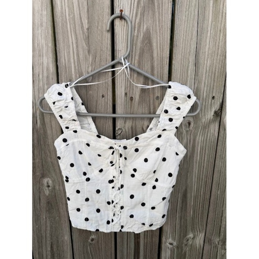 Cottagecore Coquette Kirious Polka Dot Crop Top M White Linen Lace Up Front